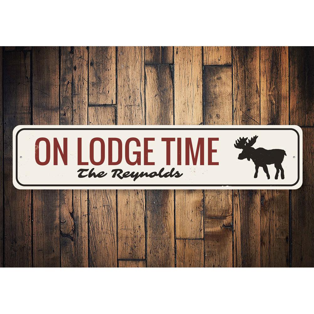 On Lodge Time Sign made of high-quality aluminum, featuring customizable text, perfect for lakehouse decor.