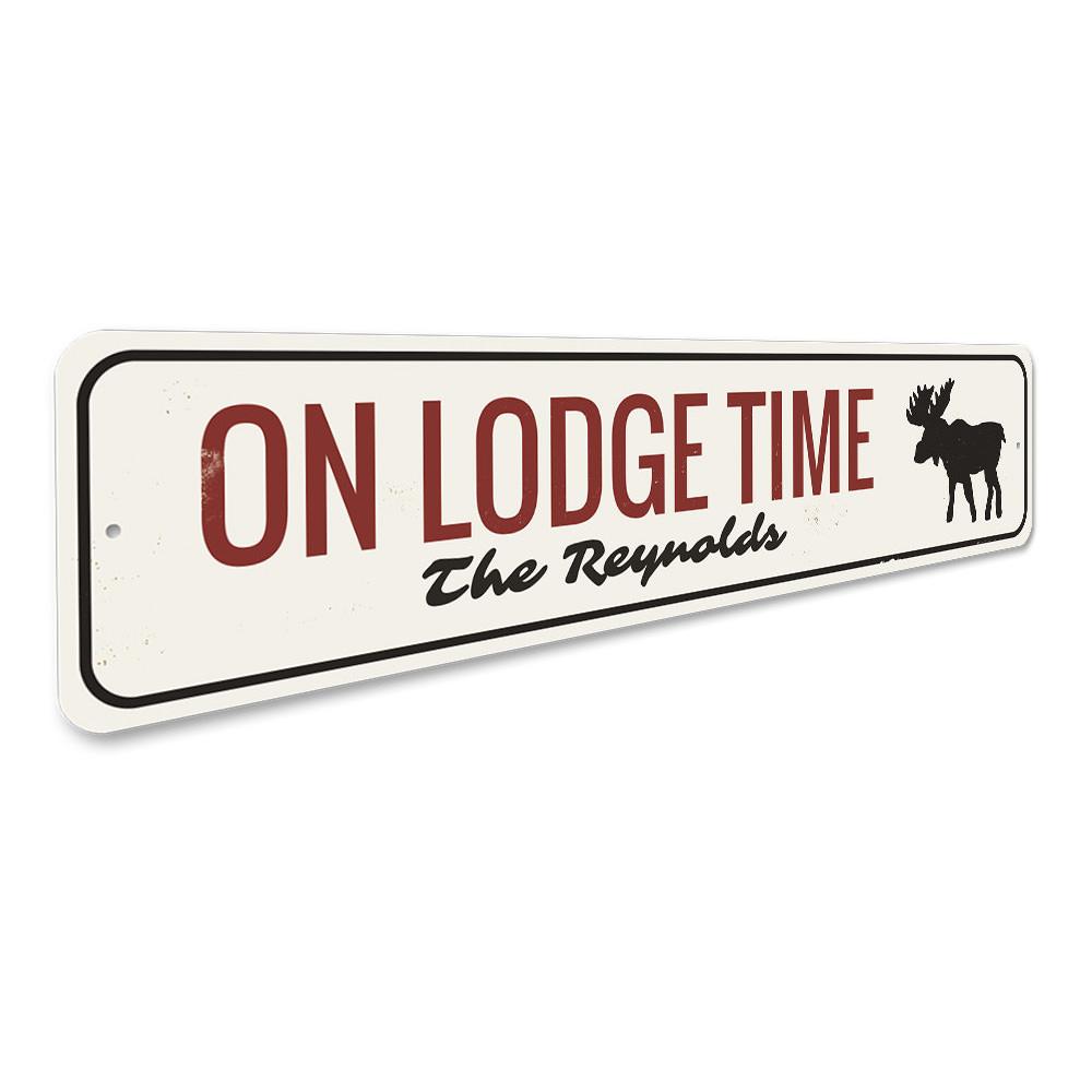 On Lodge Time Sign made of high-quality aluminum, featuring customizable text, perfect for lakehouse decor.