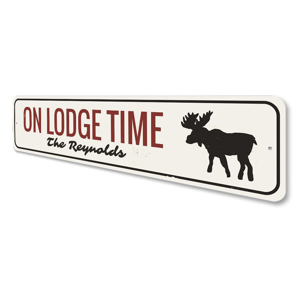 On Lodge Time Sign made of high-quality aluminum, featuring customizable text, perfect for lakehouse decor.