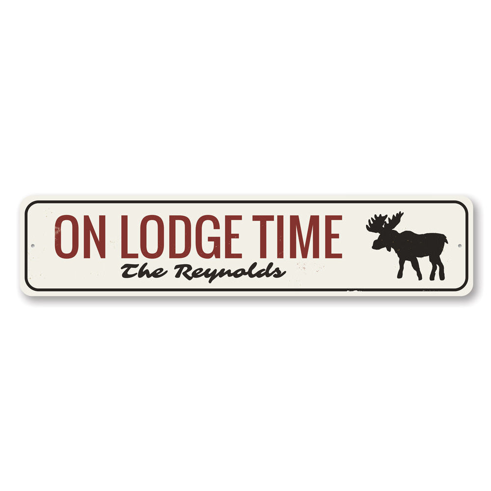 On Lodge Time Sign made of high-quality aluminum, featuring customizable text, perfect for lakehouse decor.