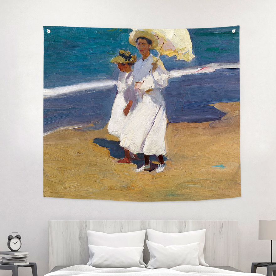 Fabric poster of 'On the Beach' by Joaquin Sorolla, showcasing vibrant colors and serene beach scene.