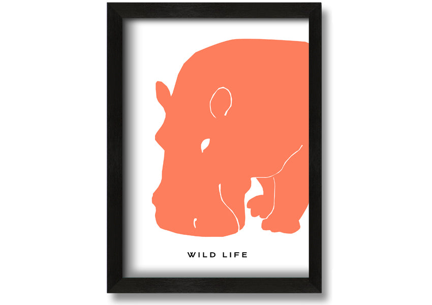 A vibrant orange hippo framed print, showcasing a playful design, ready to hang.