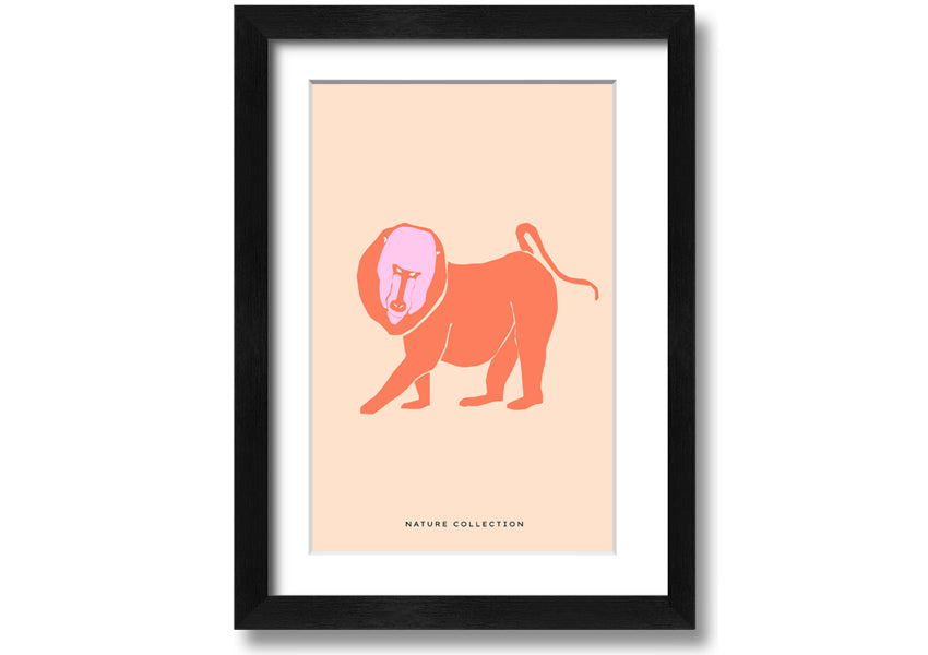 A vibrant framed print of an orange mandrill, showcasing its colorful features and detailed artwork, ready to hang.