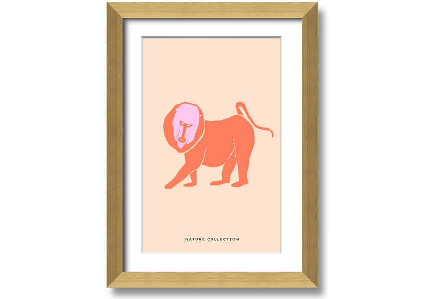 A vibrant framed print of an orange mandrill, showcasing its colorful features and detailed artwork, ready to hang.