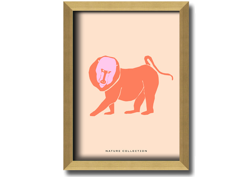 A vibrant framed print of an orange mandrill, showcasing its colorful features and detailed artwork, ready to hang.
