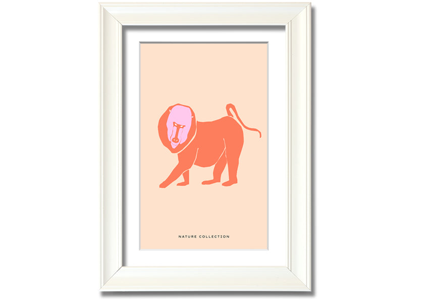 A vibrant framed print of an orange mandrill, showcasing its colorful features and detailed artwork, ready to hang.