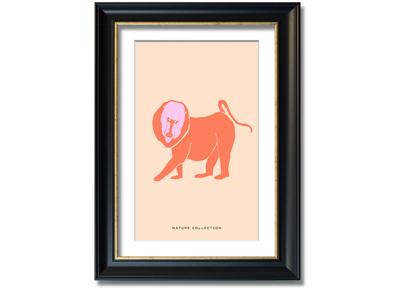 A vibrant framed print of an orange mandrill, showcasing its colorful features and detailed artwork, ready to hang.