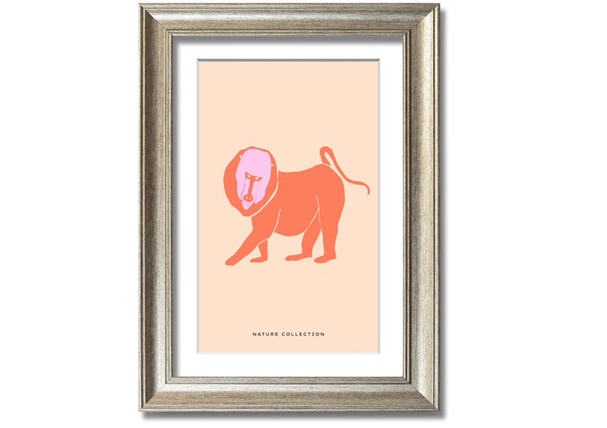 A vibrant framed print of an orange mandrill, showcasing its colorful features and detailed artwork, ready to hang.