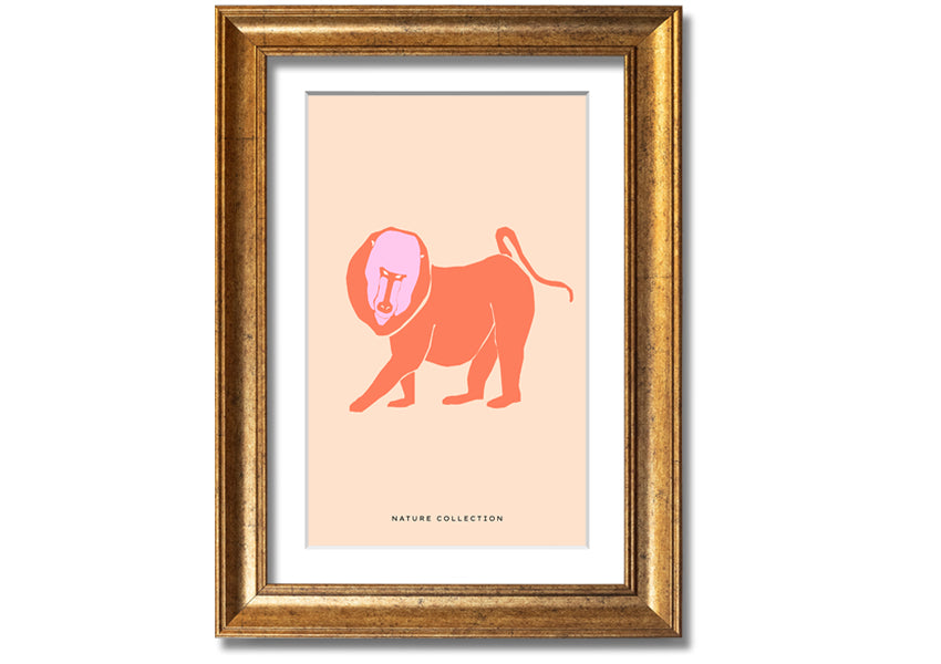 A vibrant framed print of an orange mandrill, showcasing its colorful features and detailed artwork, ready to hang.