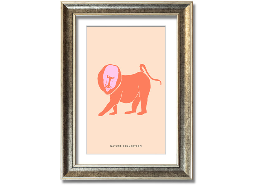 A vibrant framed print of an orange mandrill, showcasing its colorful features and detailed artwork, ready to hang.
