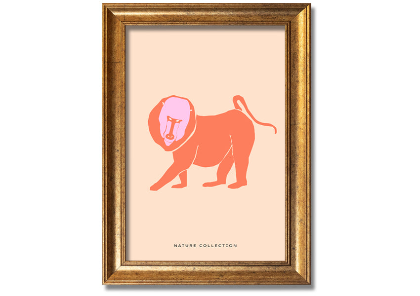 A vibrant framed print of an orange mandrill, showcasing its colorful features and detailed artwork, ready to hang.