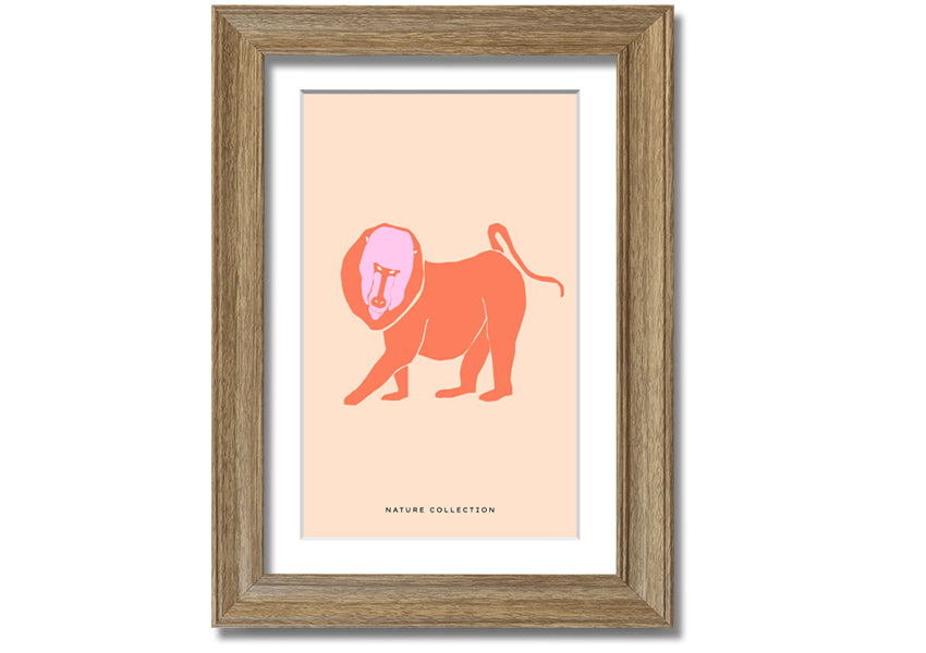 A vibrant framed print of an orange mandrill, showcasing its colorful features and detailed artwork, ready to hang.