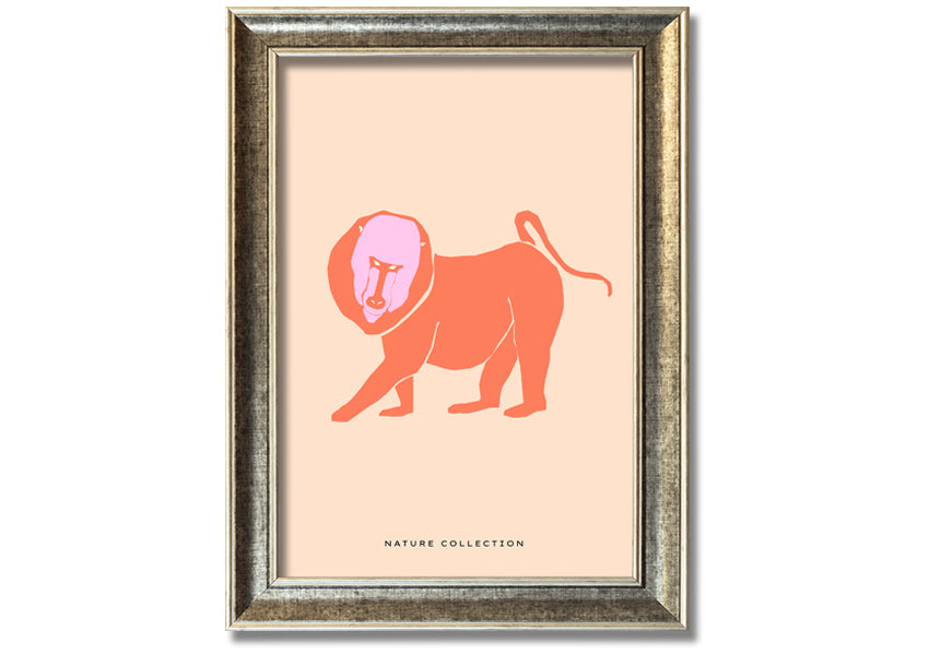 A vibrant framed print of an orange mandrill, showcasing its colorful features and detailed artwork, ready to hang.