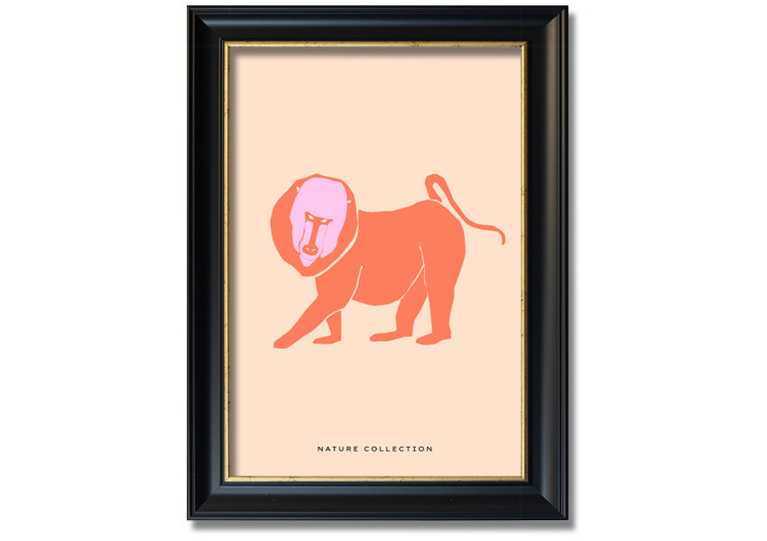 A vibrant framed print of an orange mandrill, showcasing its colorful features and detailed artwork, ready to hang.