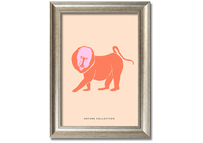 A vibrant framed print of an orange mandrill, showcasing its colorful features and detailed artwork, ready to hang.