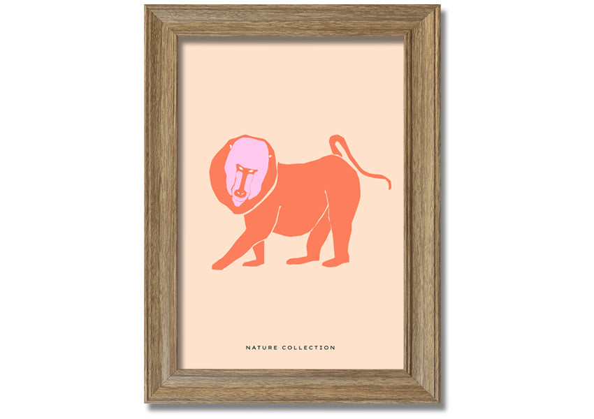 A vibrant framed print of an orange mandrill, showcasing its colorful features and detailed artwork, ready to hang.