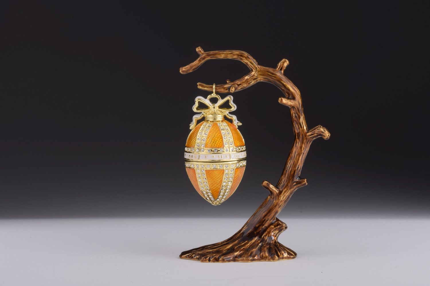 Orange Russian Egg Hanging trinket box with Austrian crystals, handmade by Keren Kopal, featuring 24K gold plating and a secure magnetic closure.