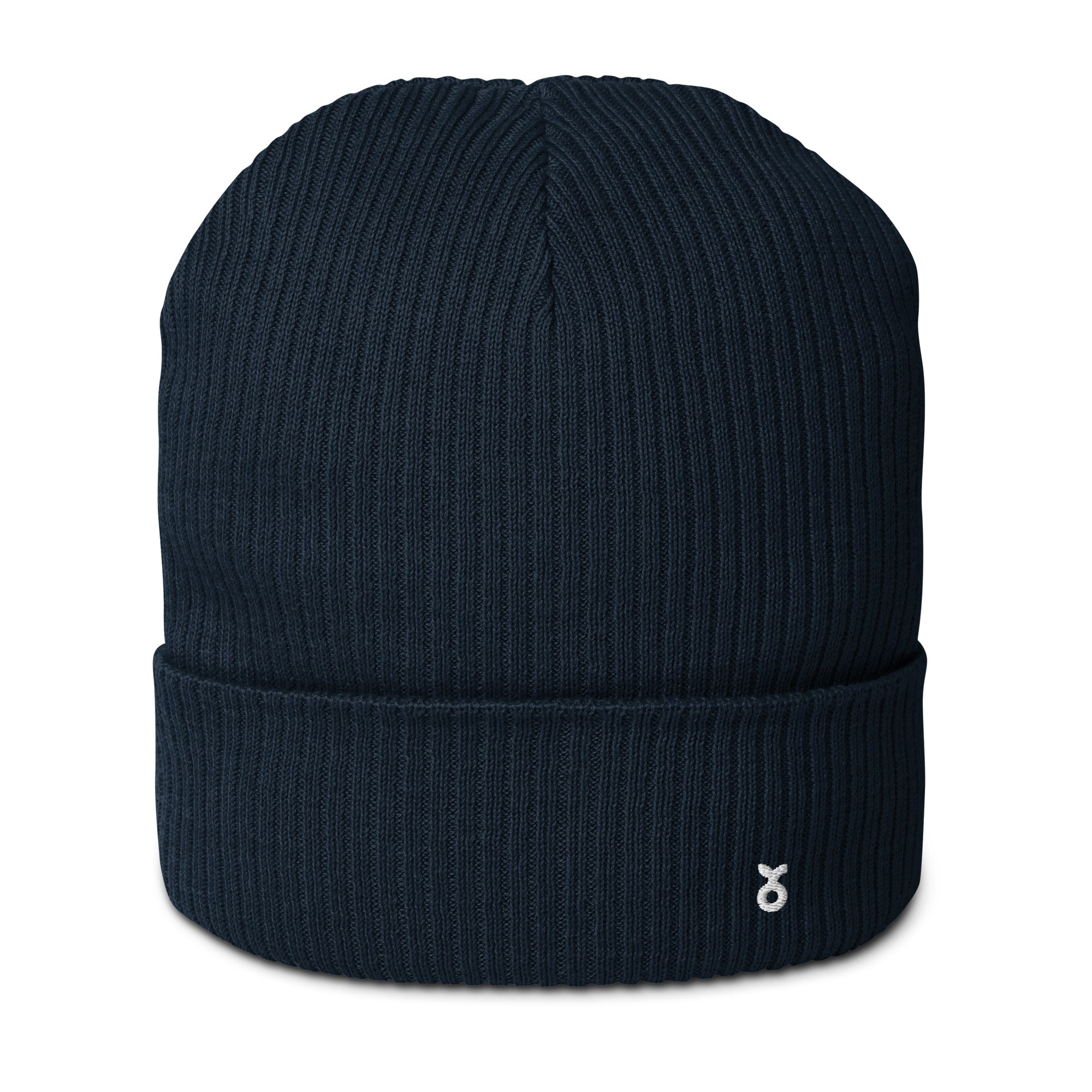 Organic cotton ribbed beanie in white with PepMelon logo, showcasing its stylish cuffed design and eco-friendly fabric.