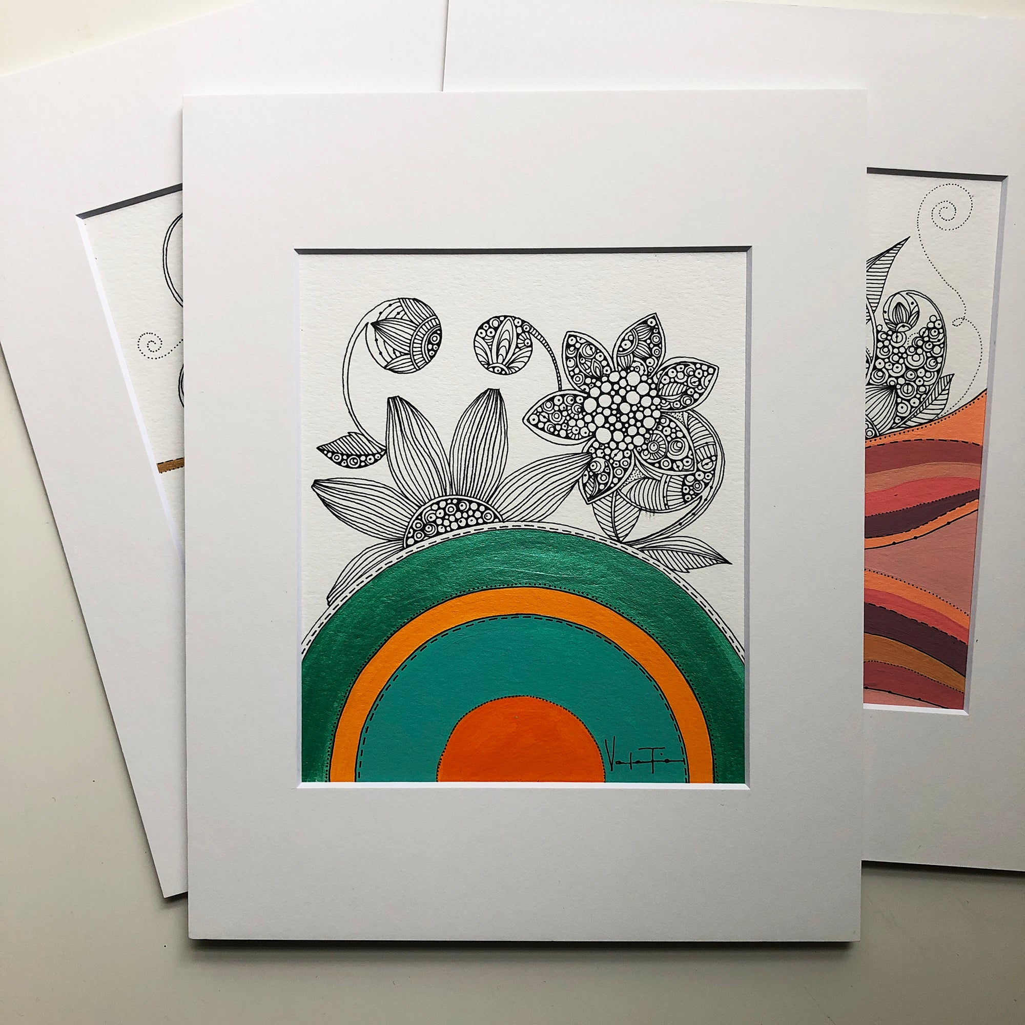 An original geometric abstract drawing featuring vibrant colors and unique patterns, hand-painted with acrylic and ink on watercolor paper, matted and ready to frame.