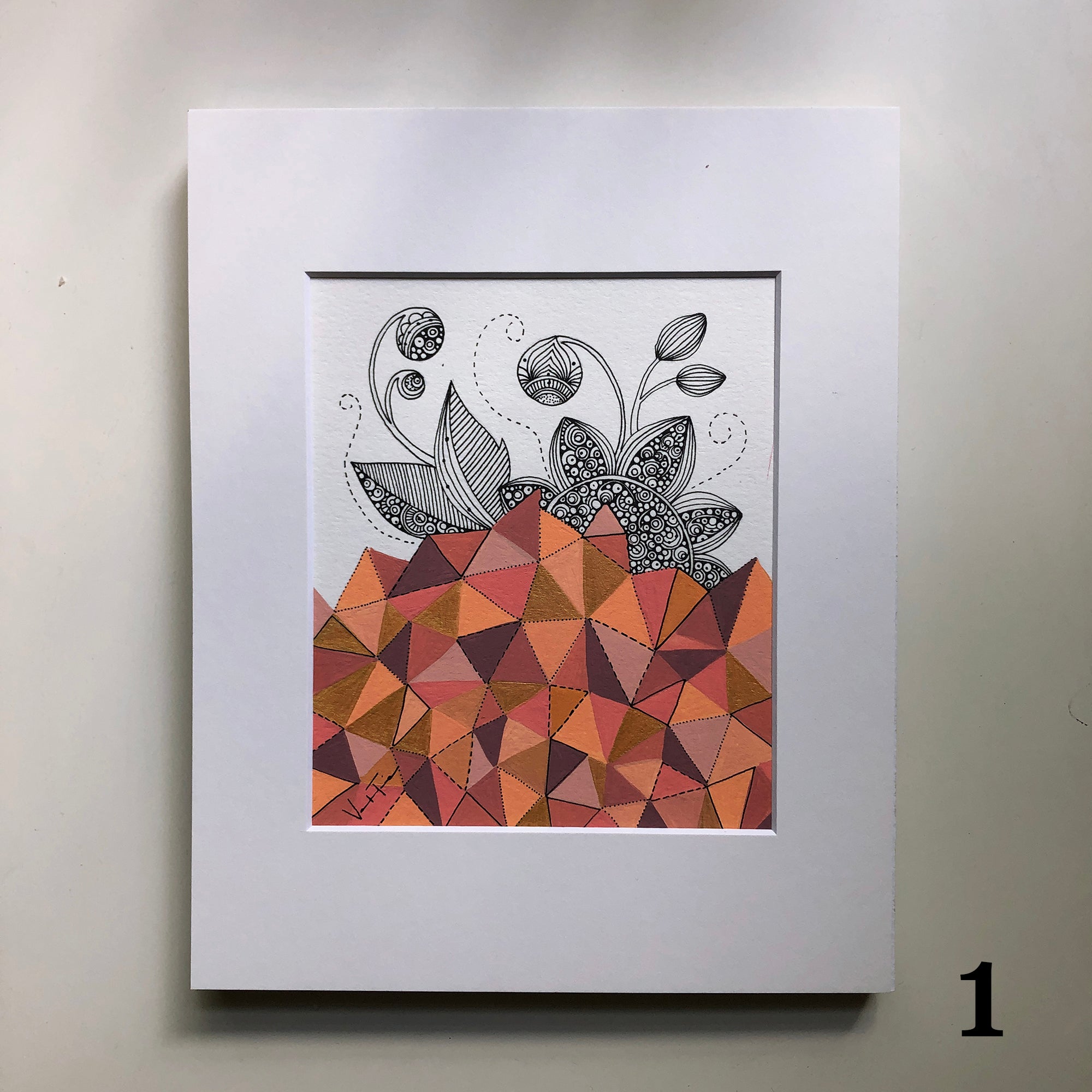 An original geometric abstract drawing featuring vibrant colors and unique patterns, hand-painted with acrylic and ink on watercolor paper, matted and ready to frame.