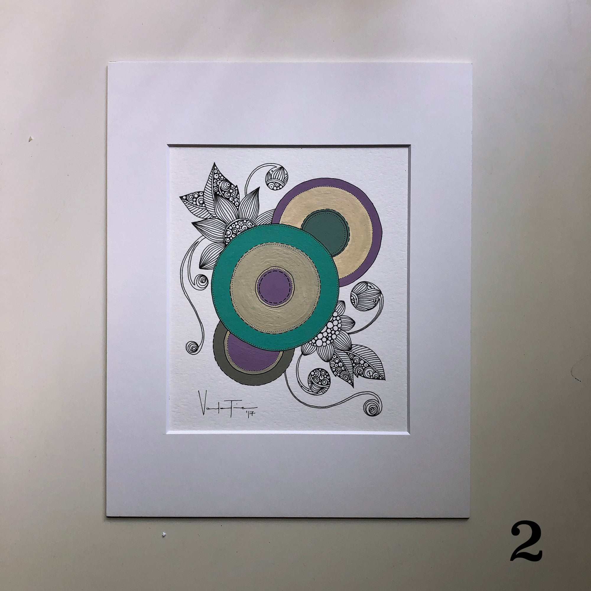 An original geometric abstract drawing featuring vibrant colors and unique patterns, hand-painted with acrylic and ink on watercolor paper, matted and ready to frame.