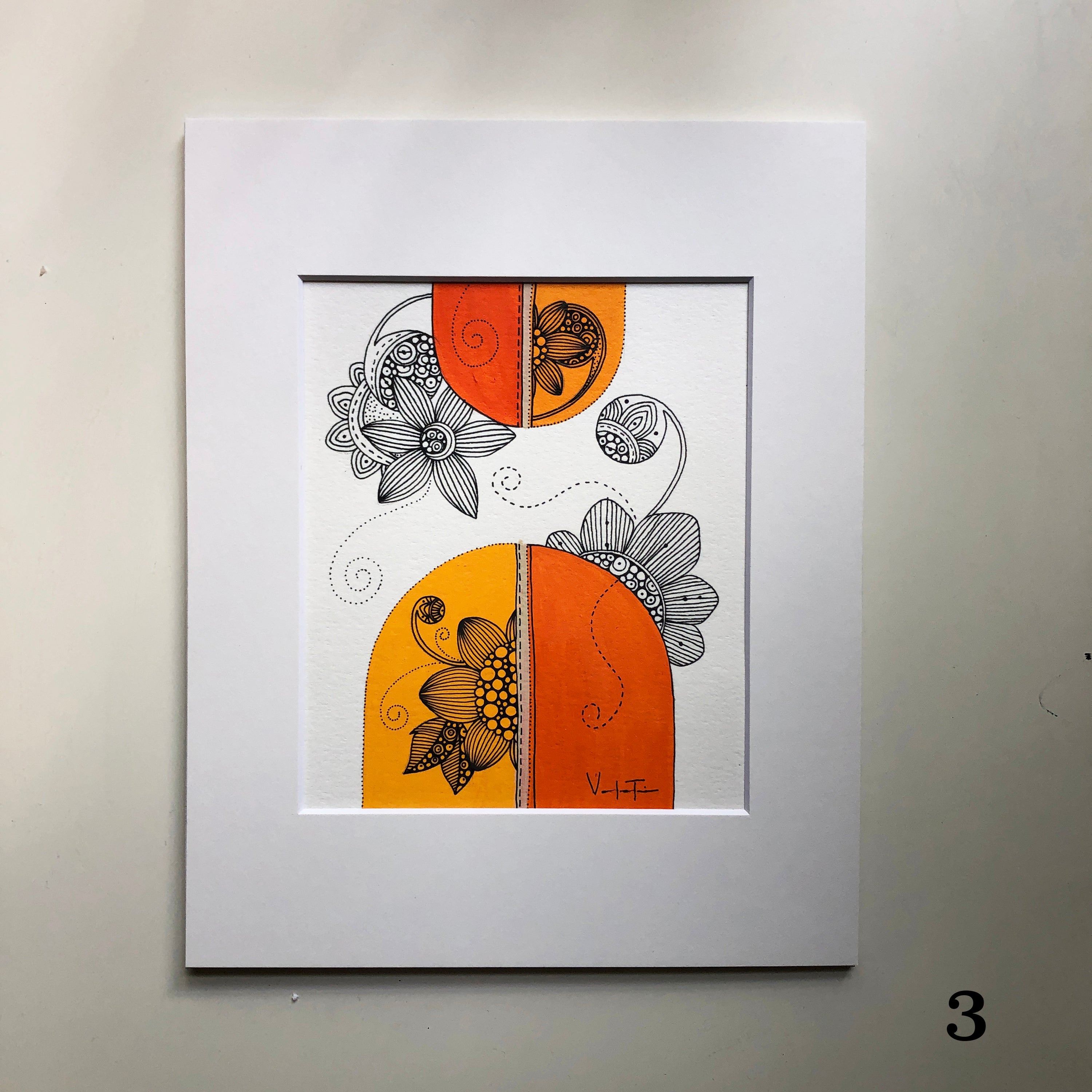 An original geometric abstract drawing featuring vibrant colors and unique patterns, hand-painted with acrylic and ink on watercolor paper, matted and ready to frame.