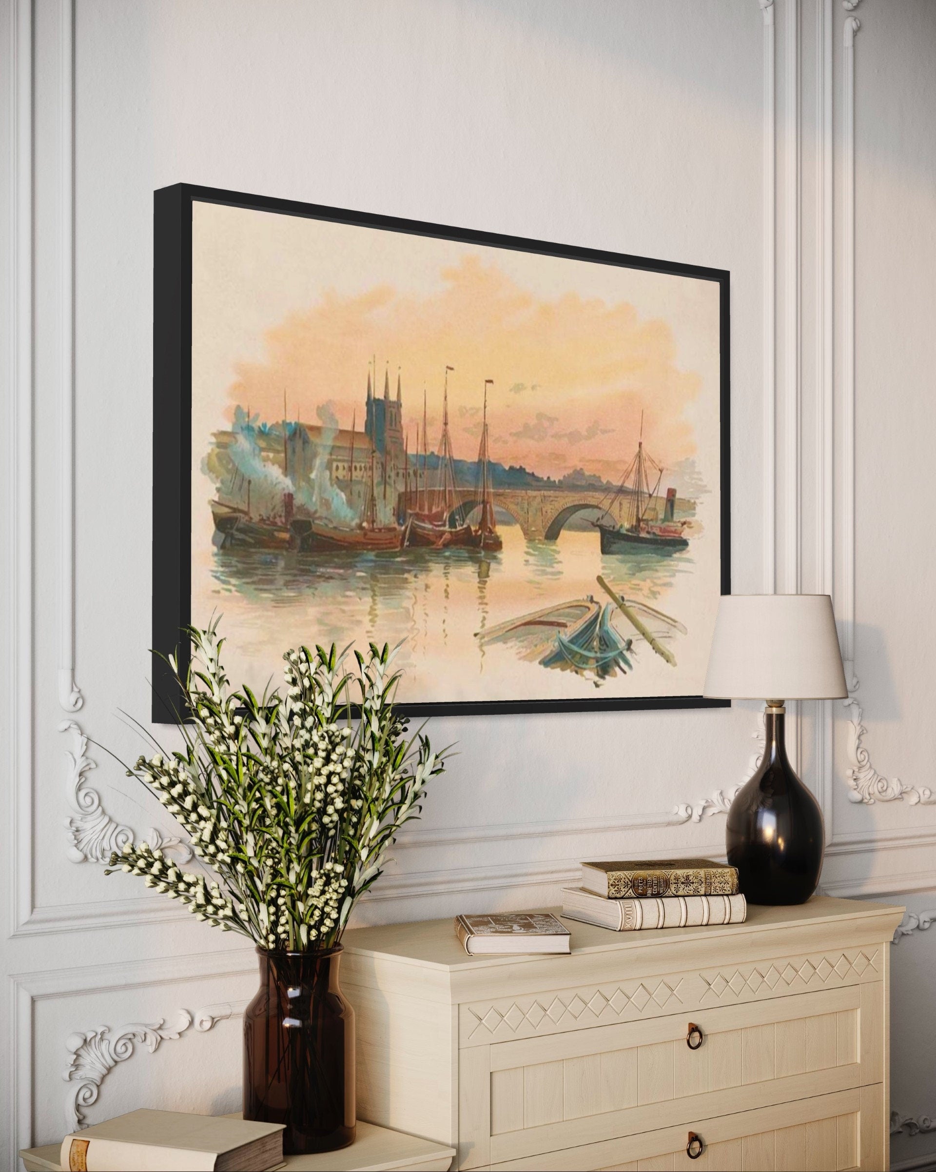 Vintage artwork of the iconic London Bridge, showcasing muted earthy tones and historical charm.