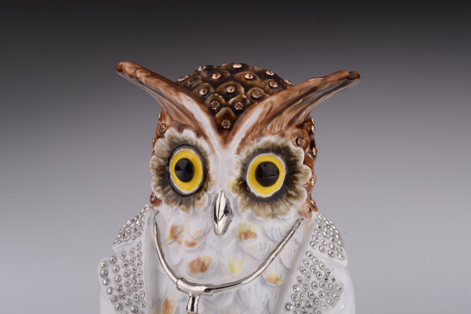 Owl Doctor Trinket Box featuring enamel painting and Austrian crystals, elegantly plated with 24K gold or 925 silver.