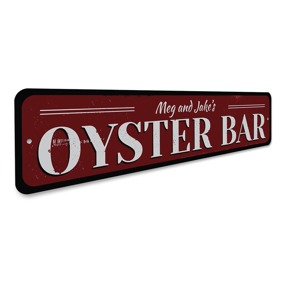 Customizable Oyster Bar Sign made of high-quality aluminum, perfect for beach houses and seafood restaurants, featuring pre-drilled holes for easy mounting.