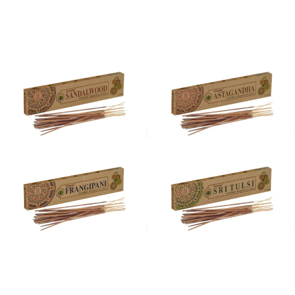 Pack de 4 boîtes de bâtons d'encens Goloka Organic, comprenant des senteurs variées comme Frangipanier et Bois de Santal, fabriquées artisanalement.