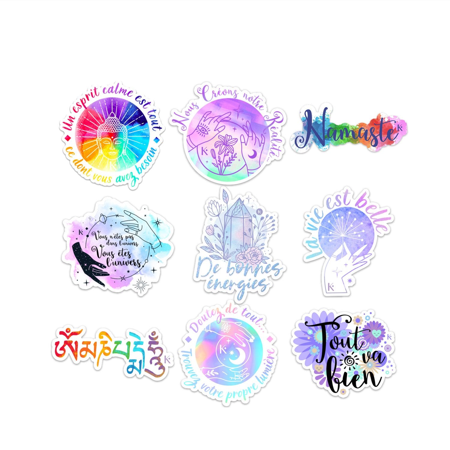 Pack de 9 stickers à hautes vibrations avec designs spirituels et énergétiques, parfaits pour personnaliser divers objets.