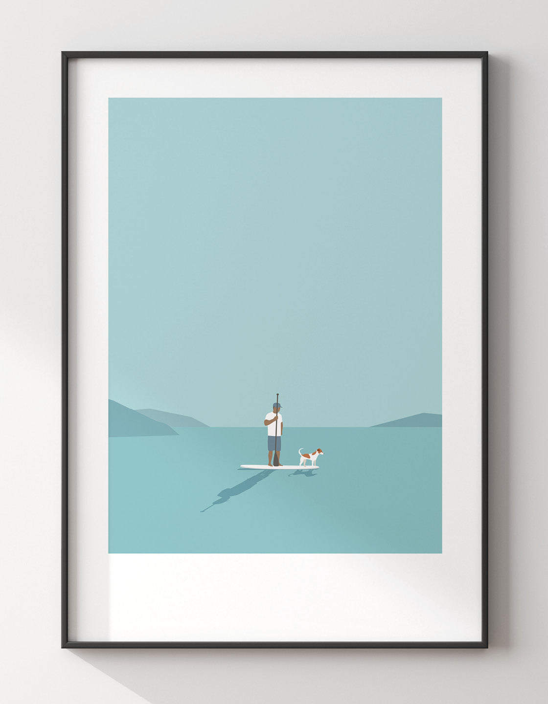 A serene artwork depicting a man paddleboarding with his dog, showcasing their bond in nature.