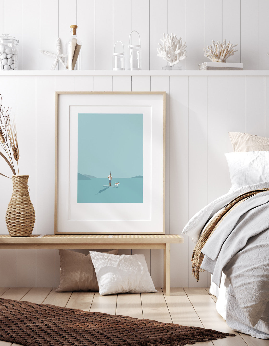 A serene artwork depicting a man paddleboarding with his dog, showcasing their bond in nature.