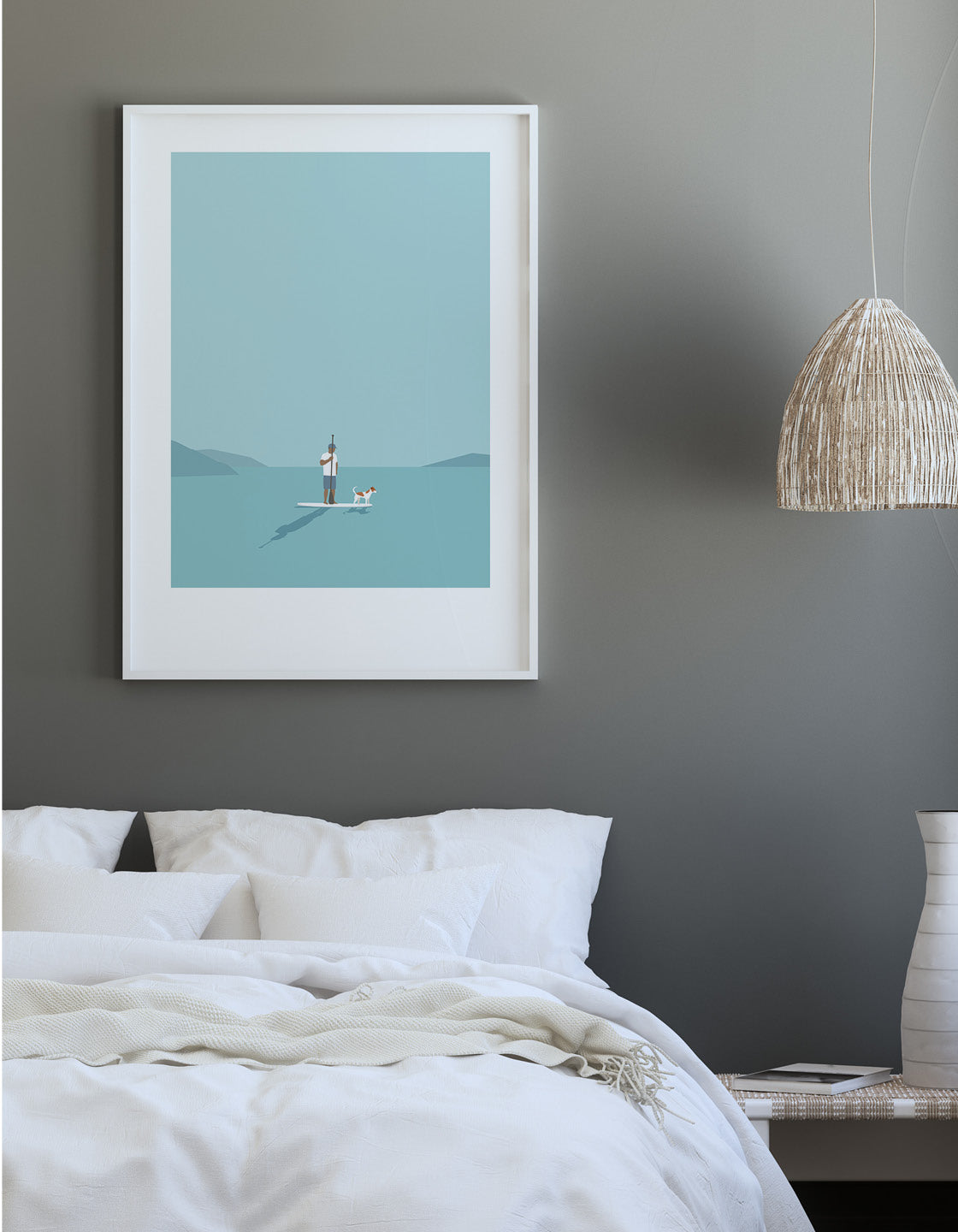 A serene artwork depicting a man paddleboarding with his dog, showcasing their bond in nature.
