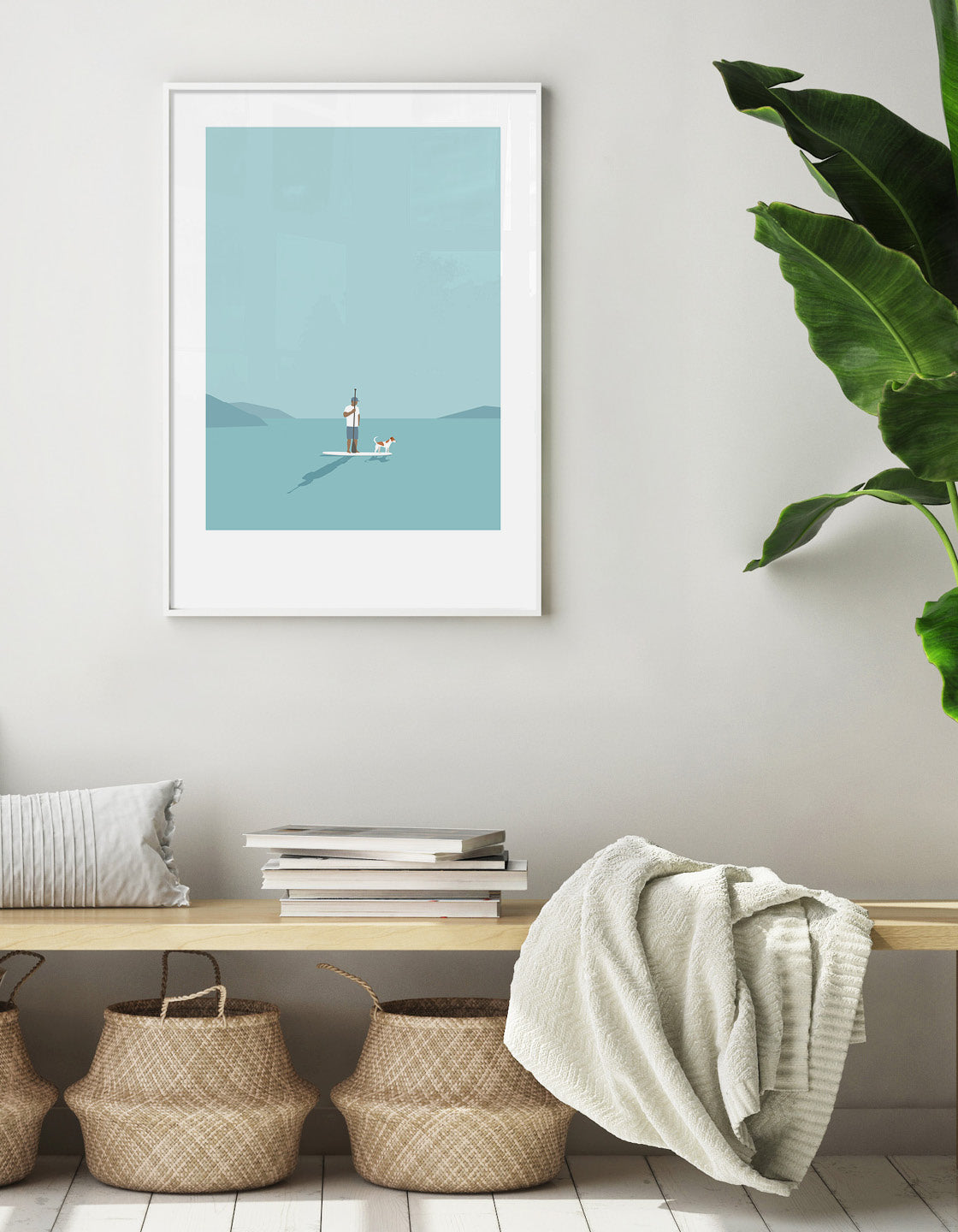 A serene artwork depicting a man paddleboarding with his dog, showcasing their bond in nature.