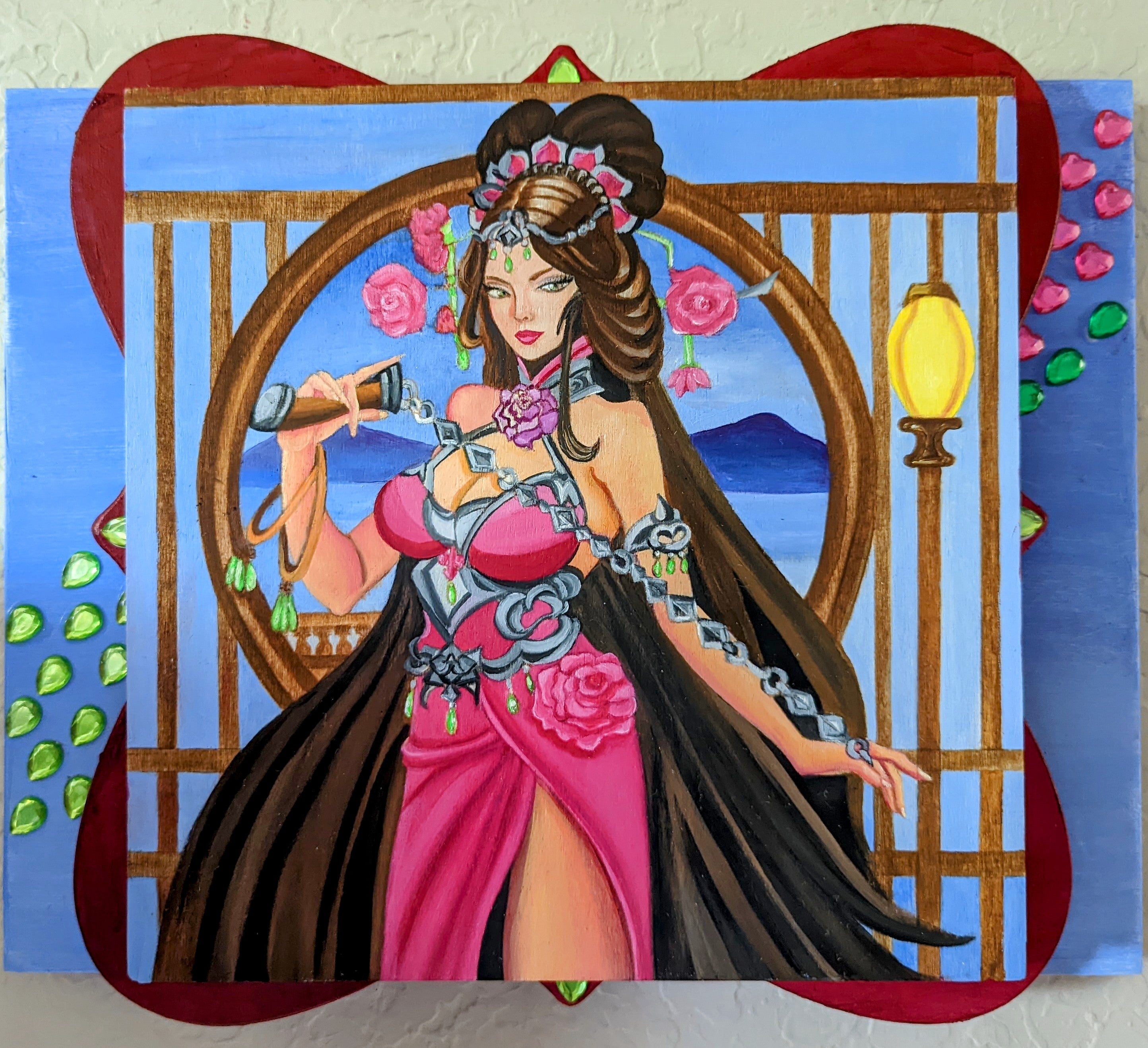 Original oil painting on wood panel featuring the maiden Daioshin from the Kingsthrone Game of Lust Maidens series by Sharon Tatem.
