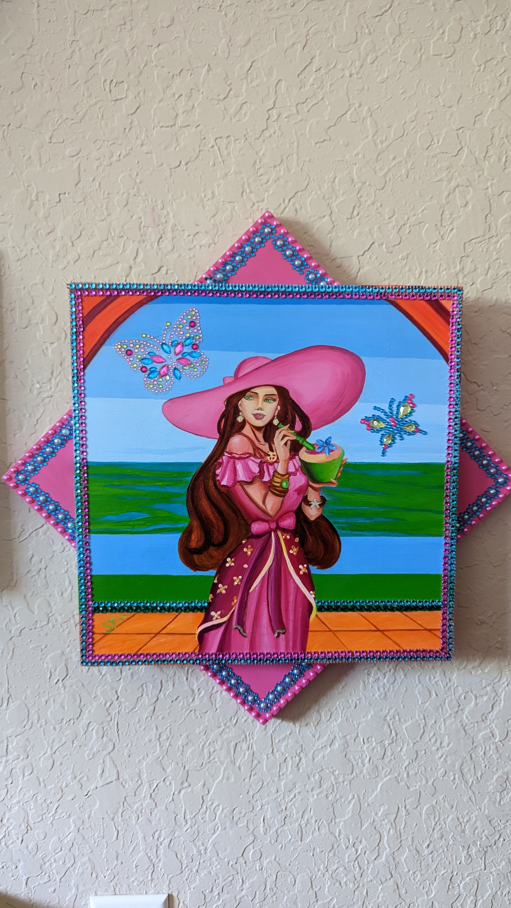 A beautifully hand-decorated oil painting on wood panel, featuring a powerful maiden design by Sharon Tatem, symbolizing dreams and wishes.