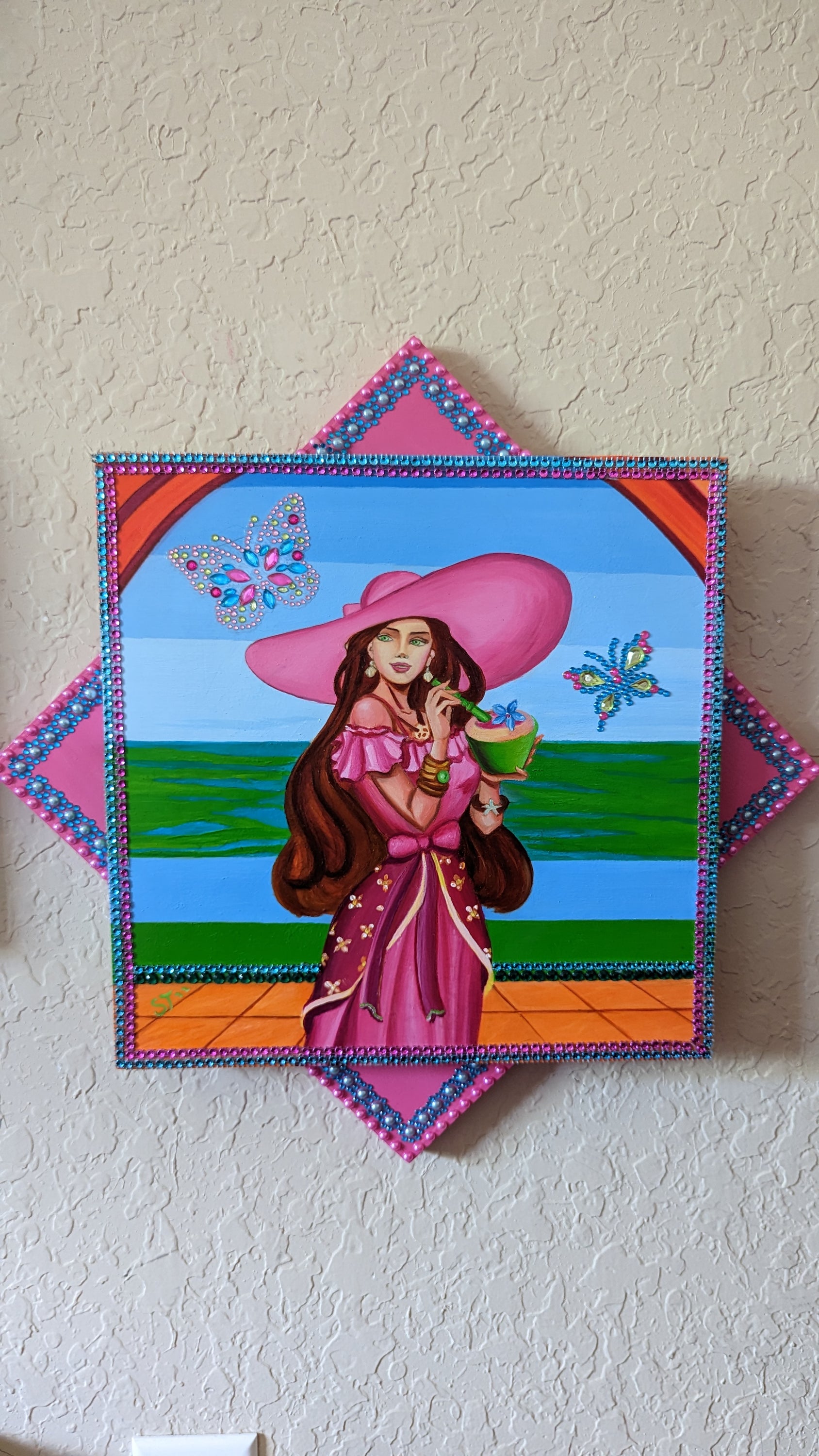 A beautifully hand-decorated oil painting on wood panel, featuring a powerful maiden design by Sharon Tatem, symbolizing dreams and wishes.