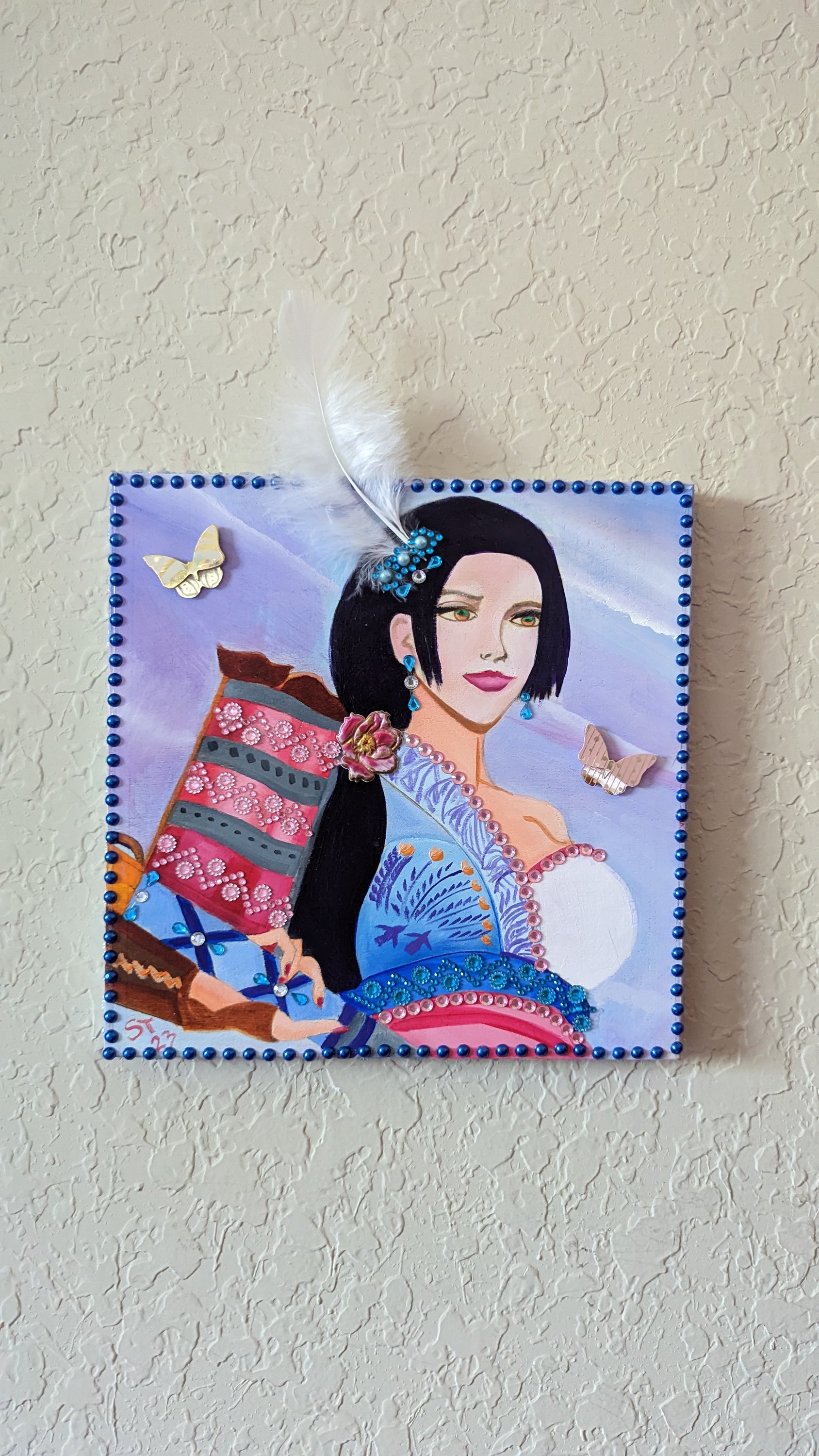 Ginchiyo Oil Painting on Wood Panel featuring a maiden with a feather, vibrant colors and intricate details.