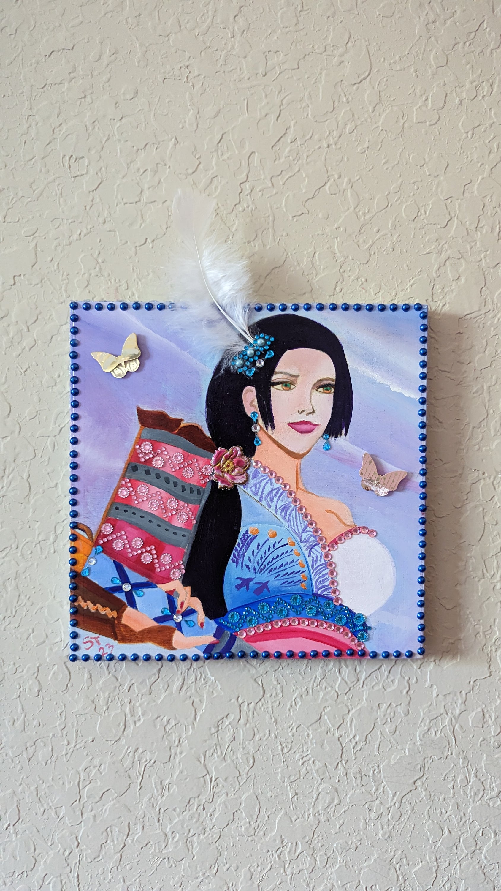 Ginchiyo Oil Painting on Wood Panel featuring a maiden with a feather, vibrant colors and intricate details.