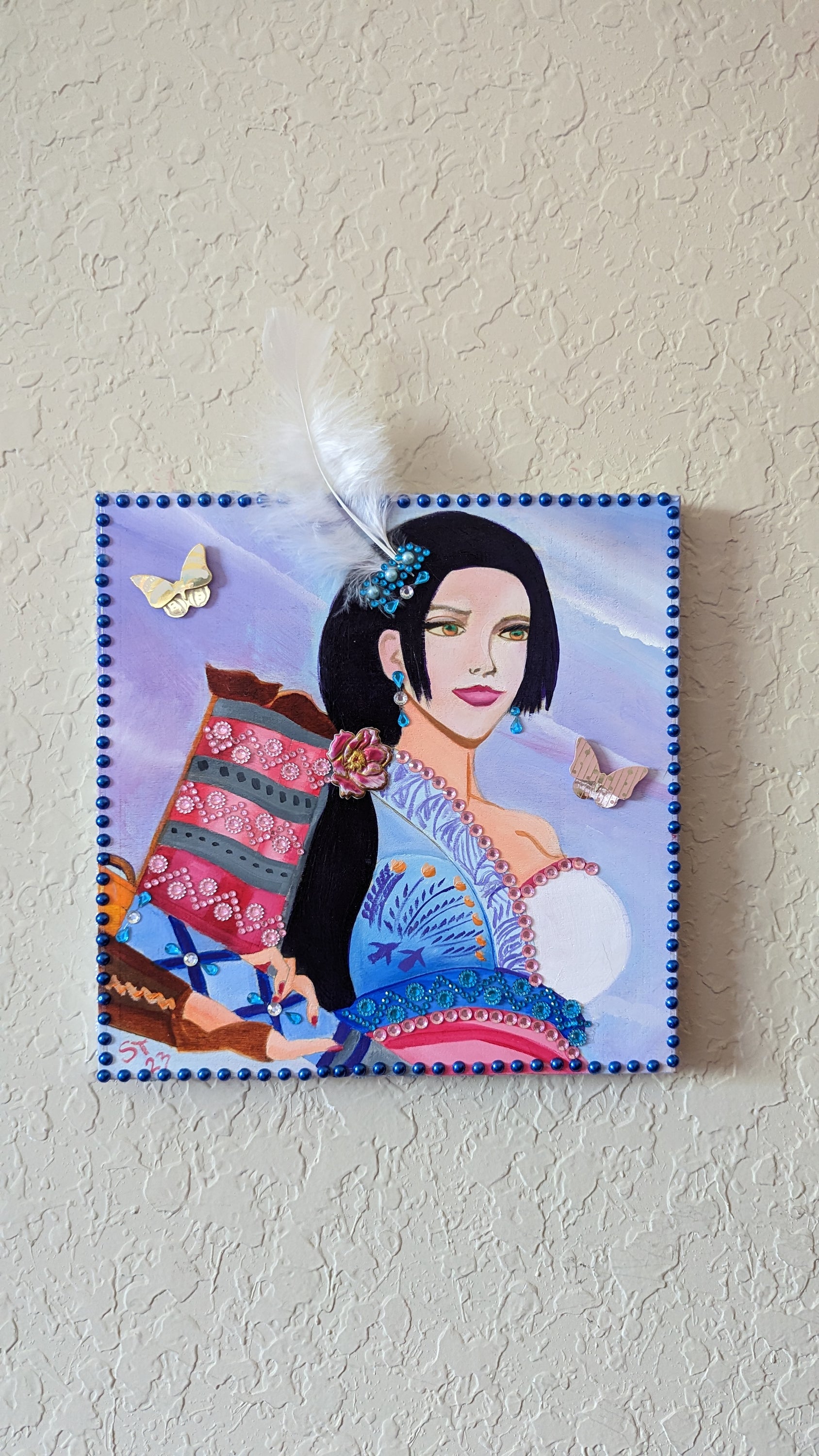 Ginchiyo Oil Painting on Wood Panel featuring a maiden with a feather, vibrant colors and intricate details.