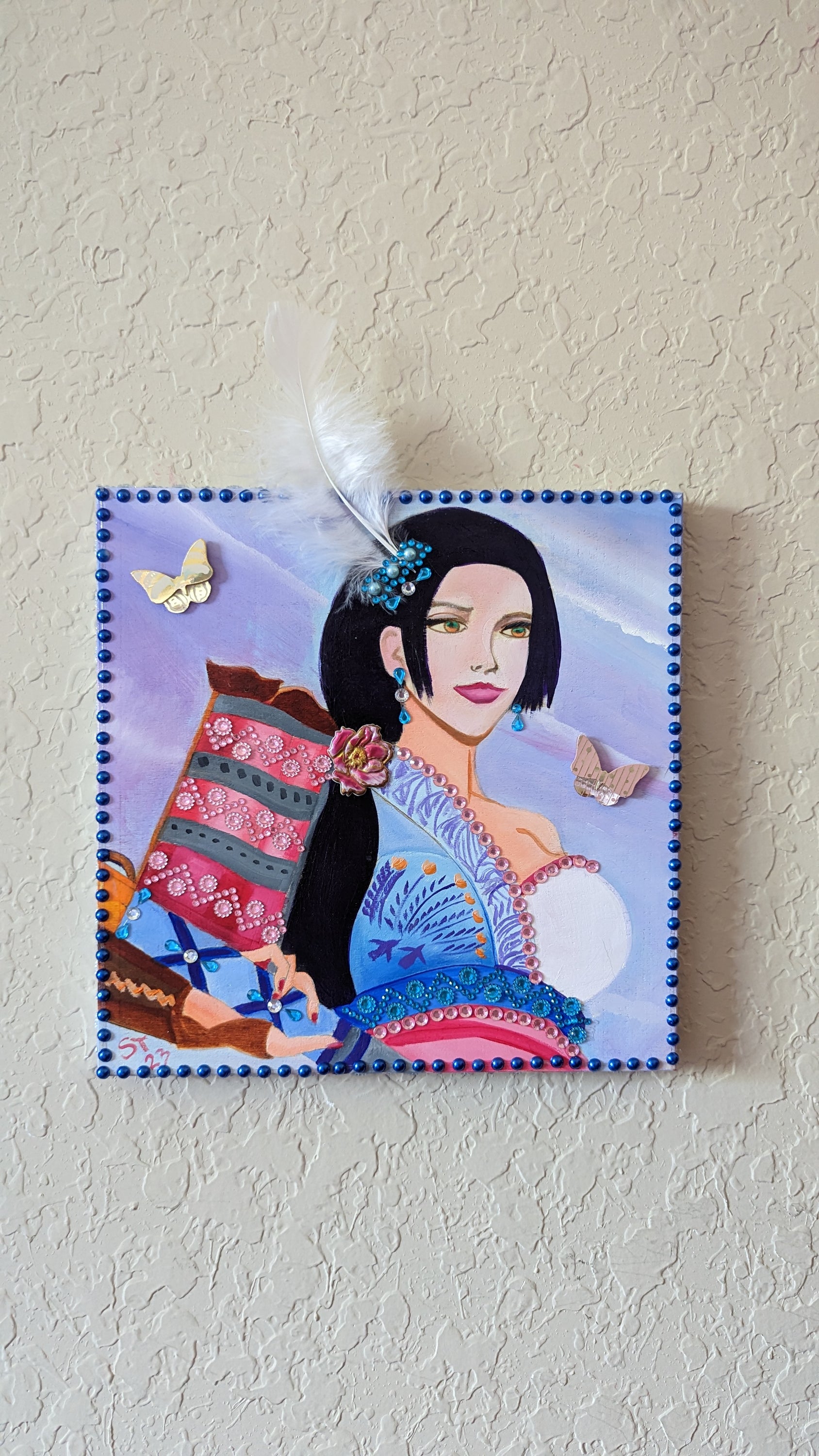 Ginchiyo Oil Painting on Wood Panel featuring a maiden with a feather, vibrant colors and intricate details.