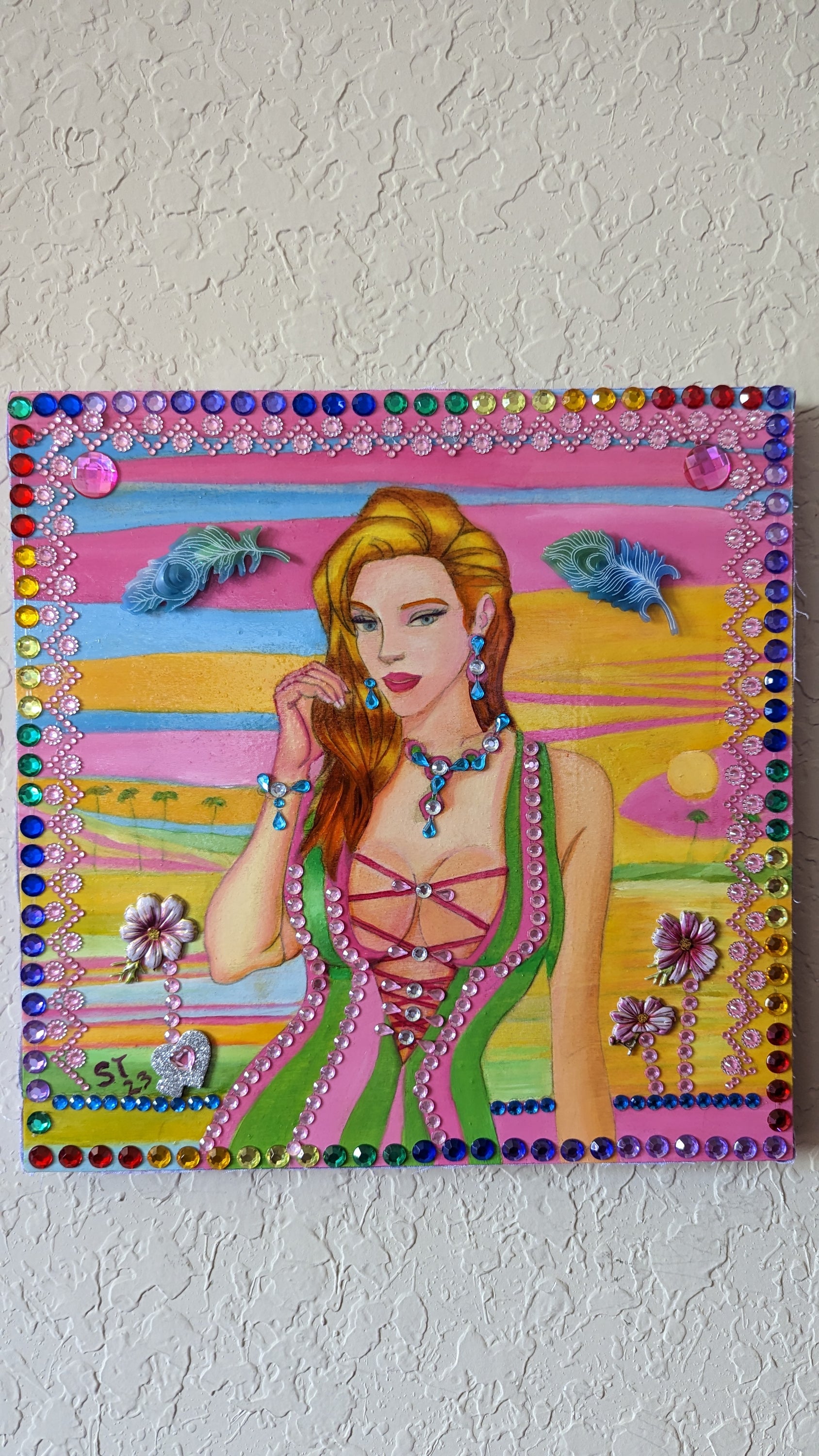 A beautifully hand-decorated Wish Box by Sharon Tatem featuring intricate oil paintings on wood panels, showcasing a powerful maiden design.