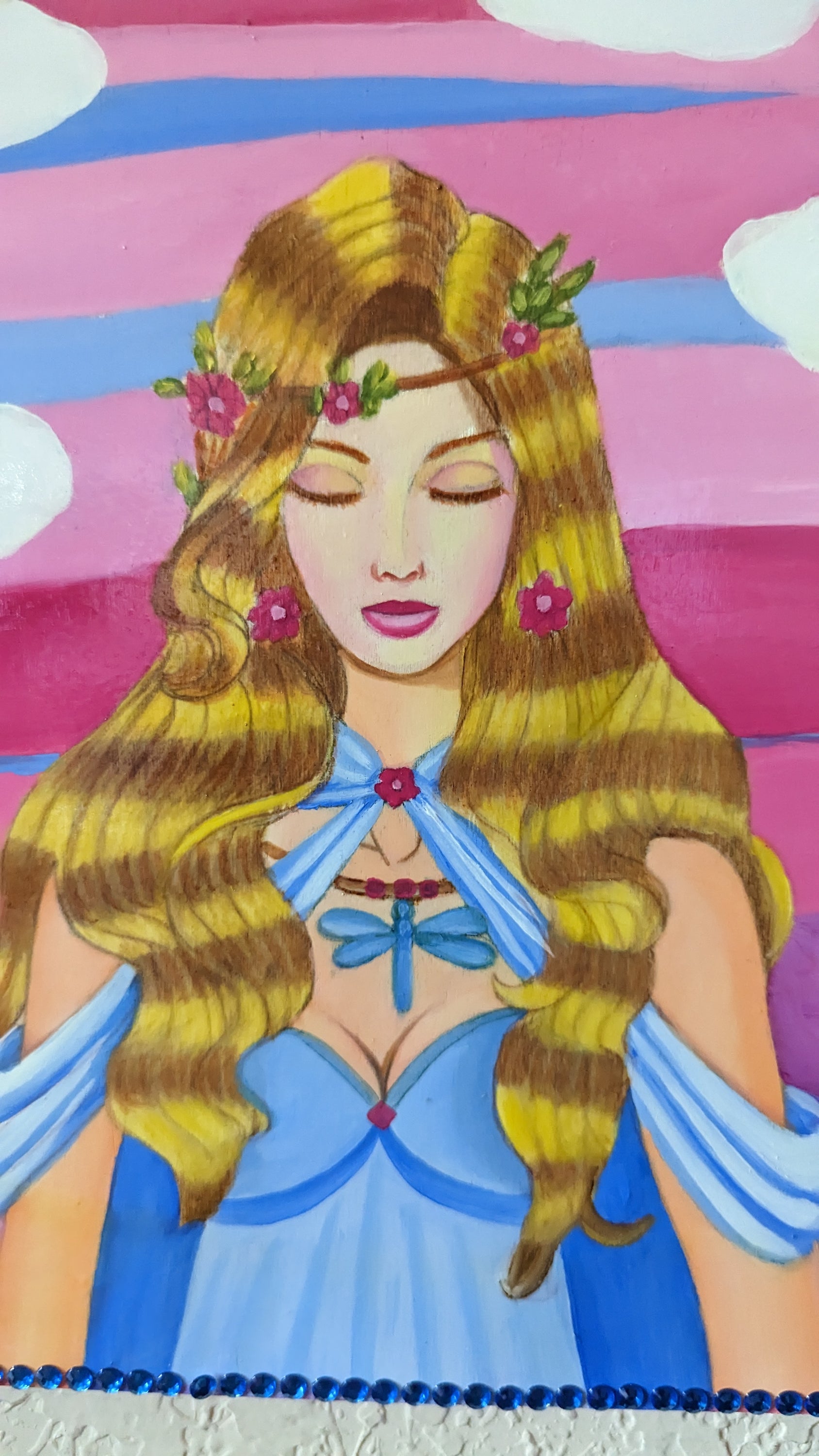 Hand-decorated Wish Box featuring Nimue in Pink, an oil painting by Sharon Tatem, showcasing intricate designs and vibrant colors.