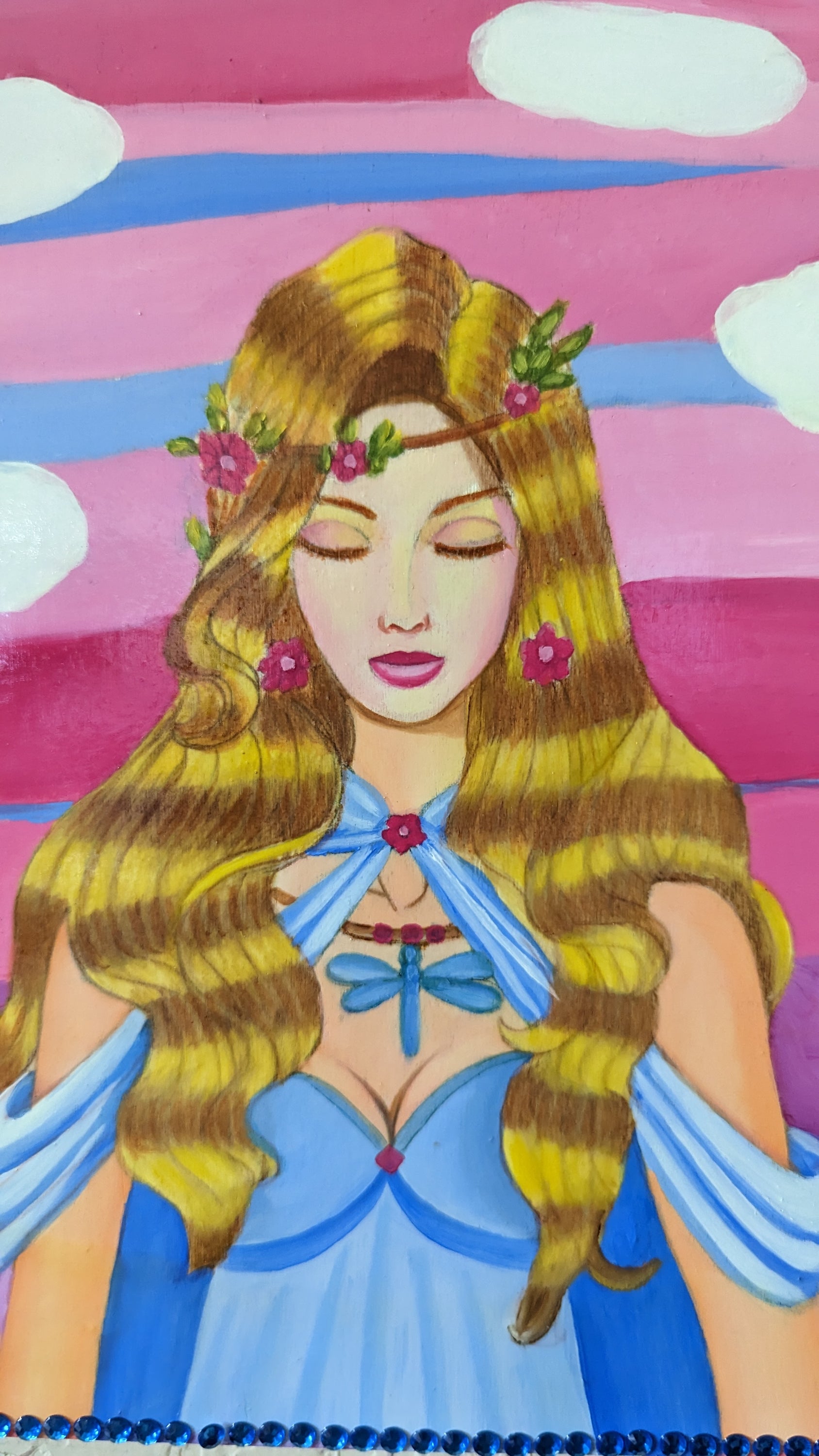 Hand-decorated Wish Box featuring Nimue in Pink, an oil painting by Sharon Tatem, showcasing intricate designs and vibrant colors.