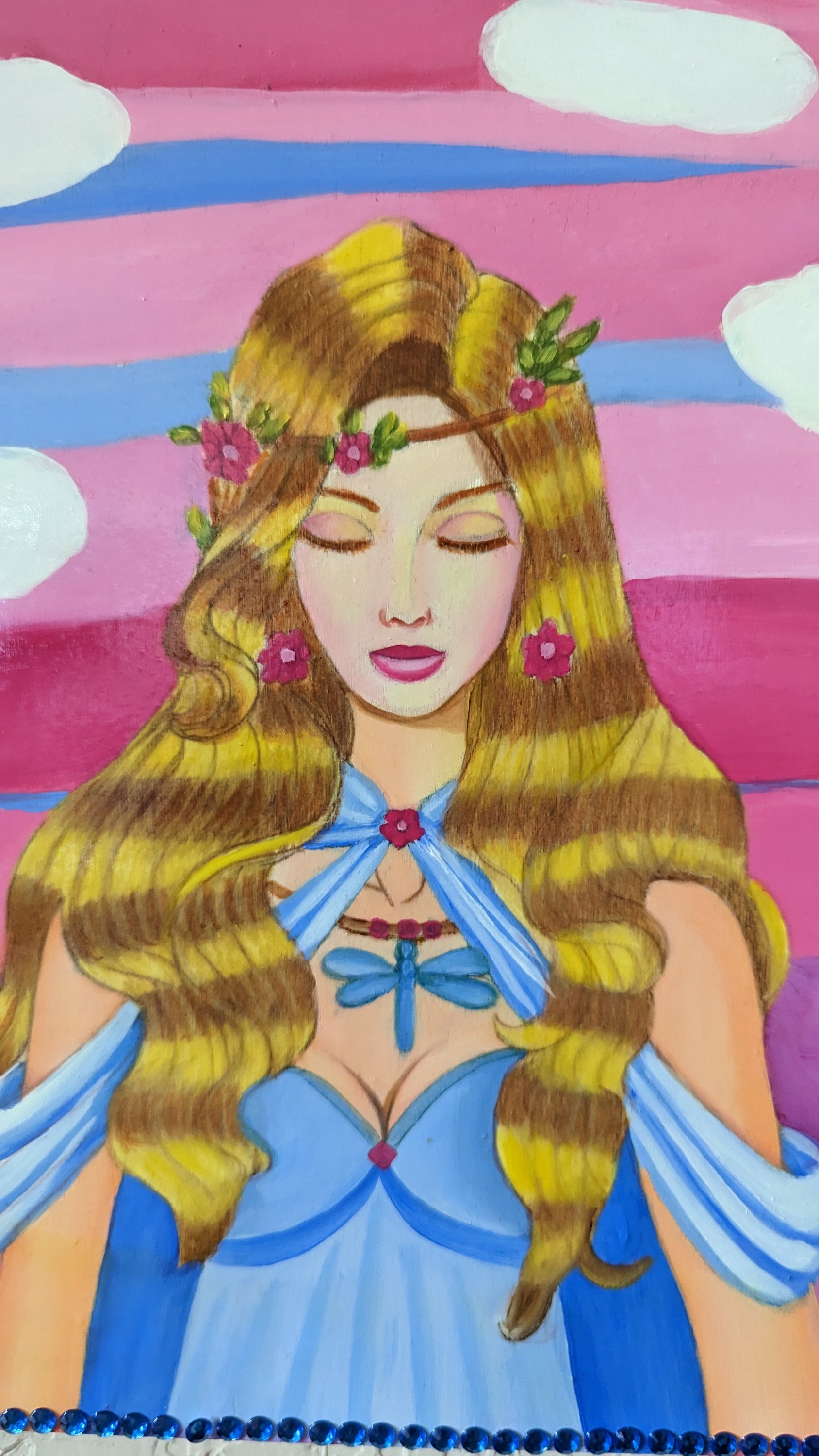 Hand-decorated Wish Box featuring Nimue in Pink, an oil painting by Sharon Tatem, showcasing intricate designs and vibrant colors.