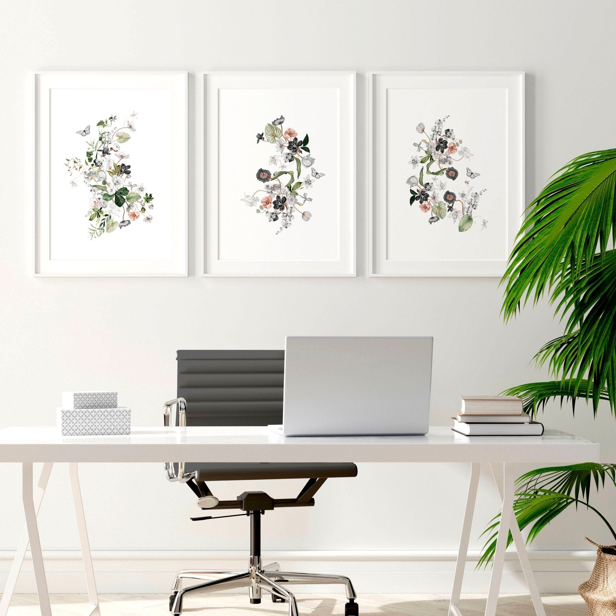 Set of 3 Shabby Chic Botanical wall art prints for home office decor, featuring deep burgundy, grey, and green hues.