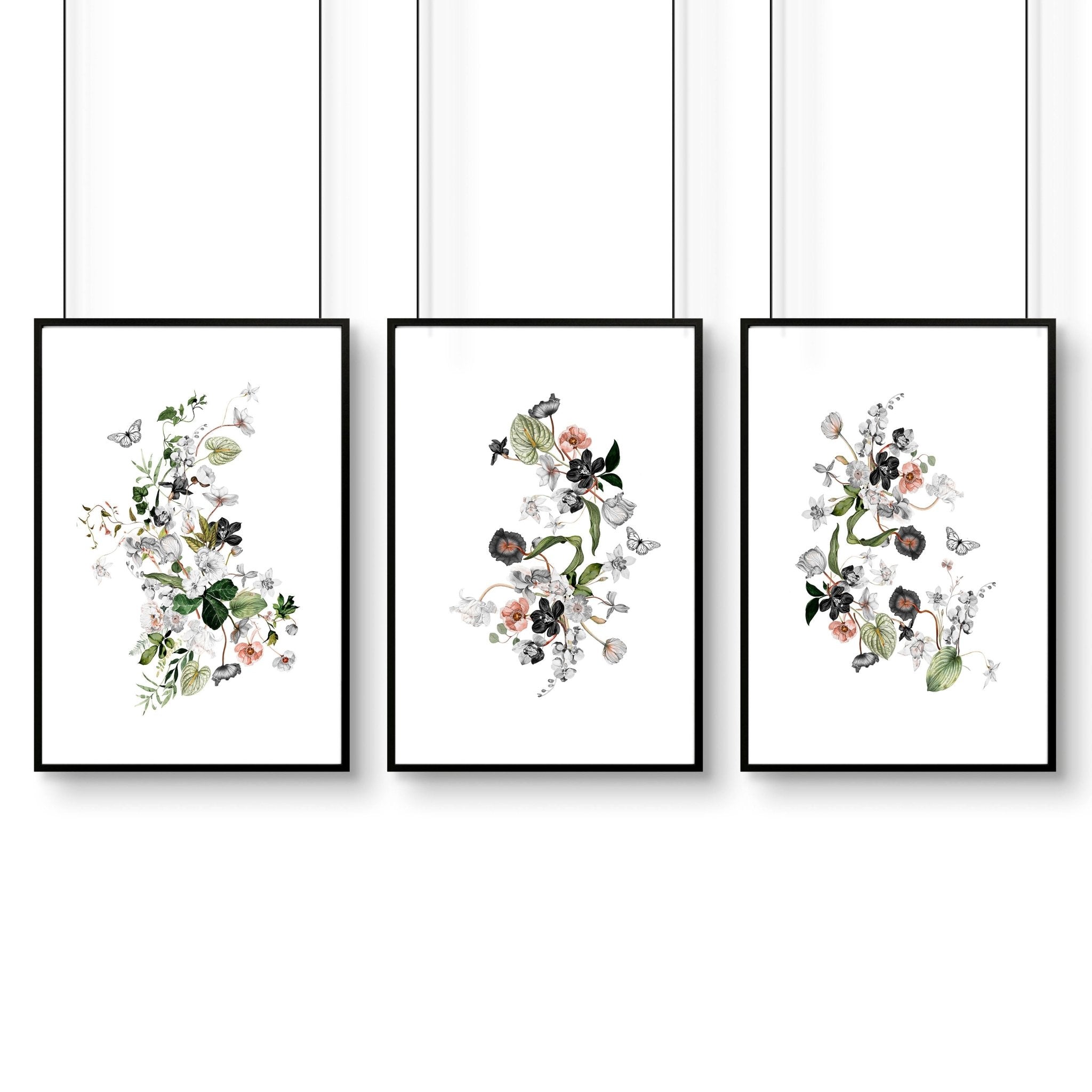 Set of 3 Shabby Chic Botanical wall art prints for home office decor, featuring deep burgundy, grey, and green hues.