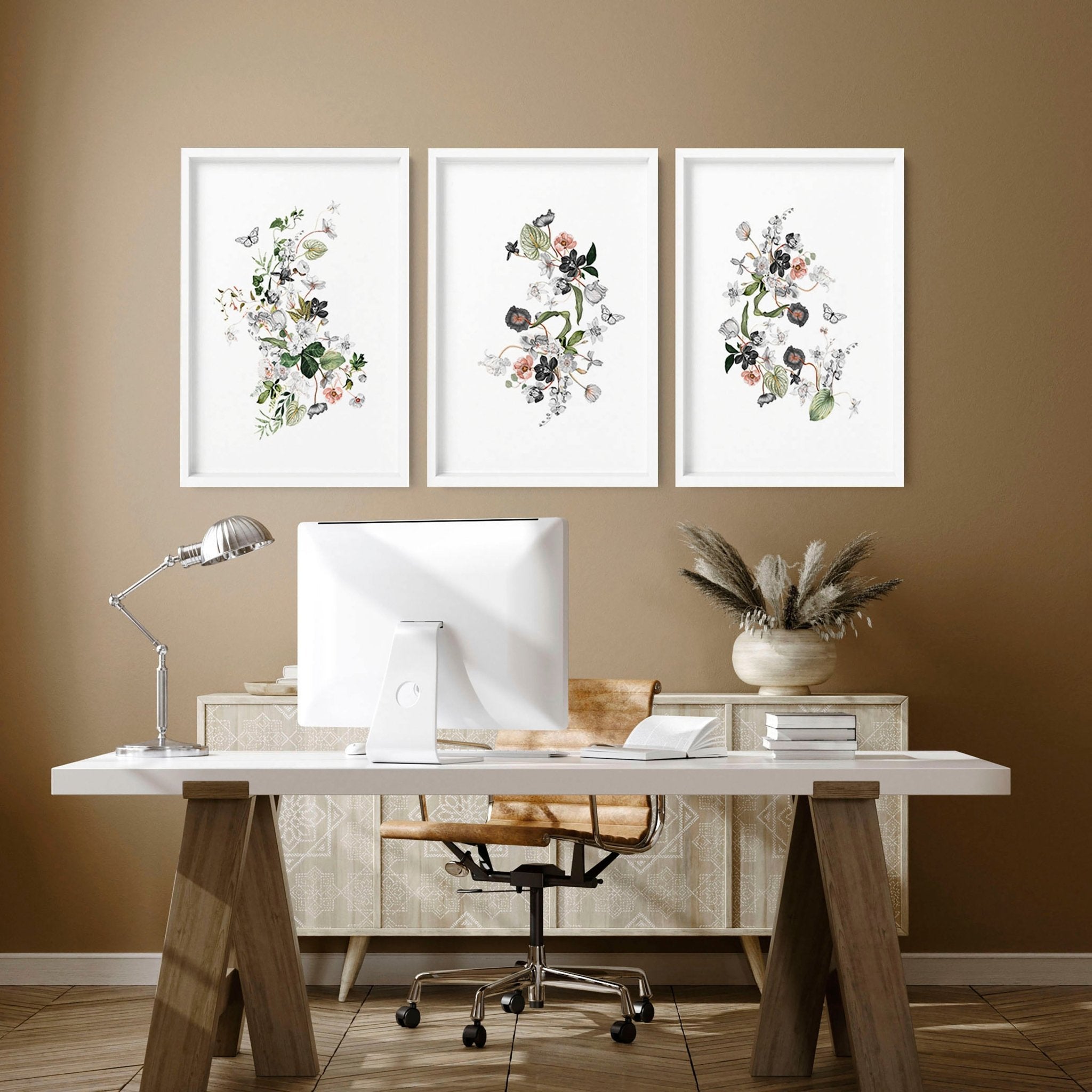 Set of 3 Shabby Chic Botanical wall art prints for home office decor, featuring deep burgundy, grey, and green hues.