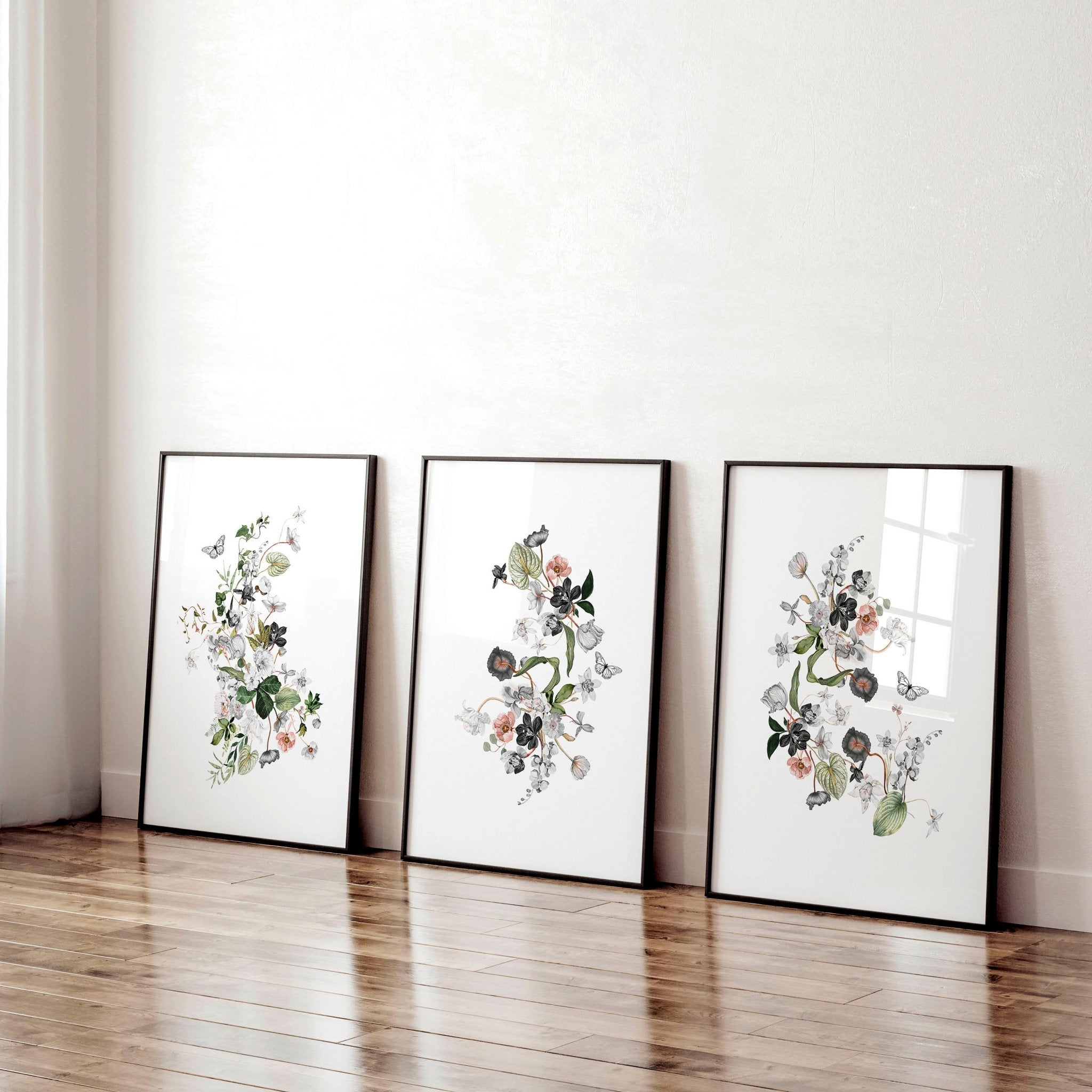 Set of 3 Shabby Chic Botanical wall art prints for home office decor, featuring deep burgundy, grey, and green hues.